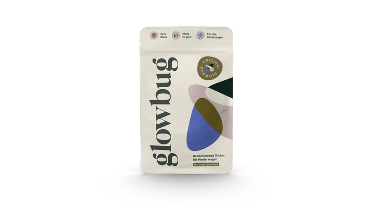 Recylebarer Flachbodenbeutel als Verpackung für reflektierenden Aufkleber für Kinderwagen in Vorderansicht