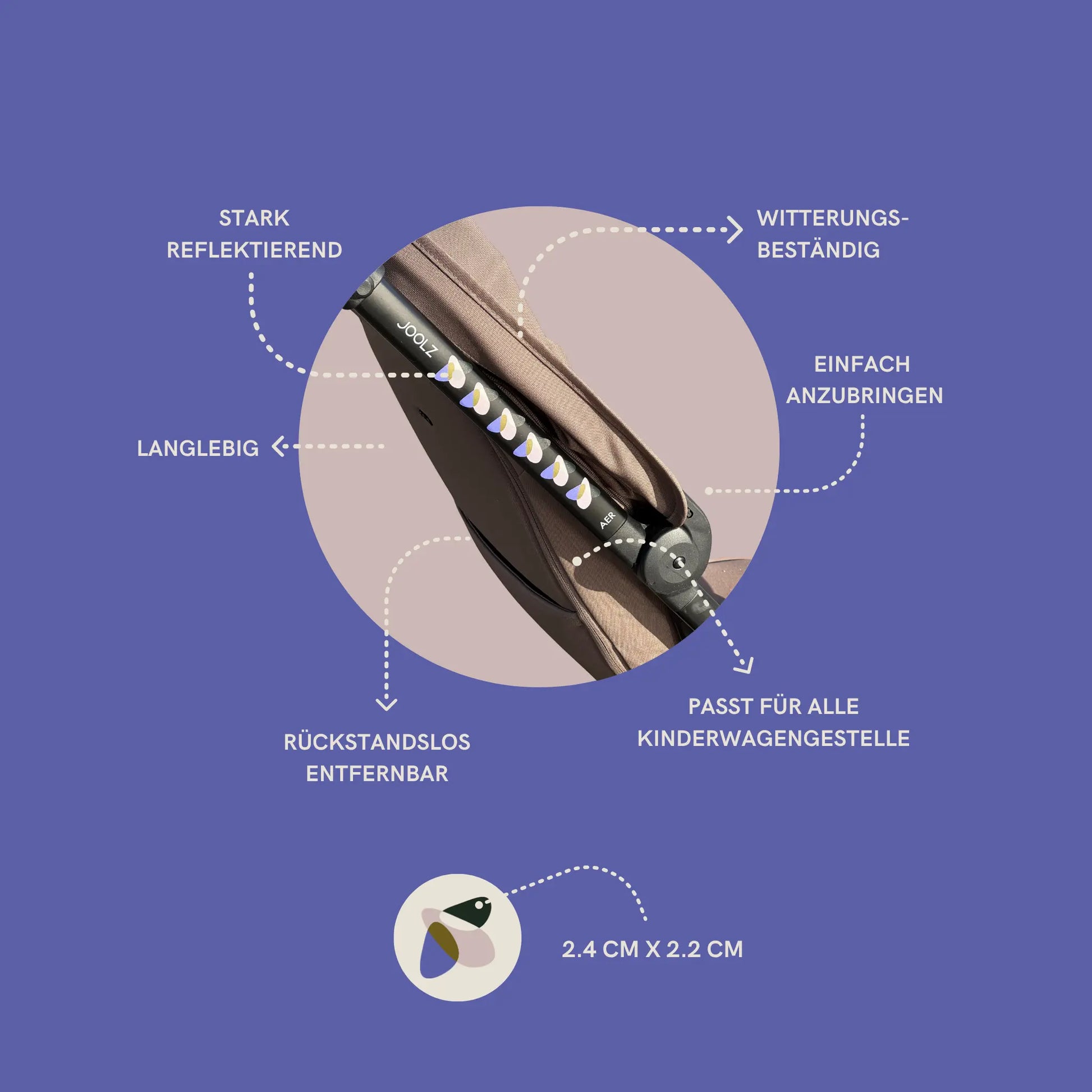 Reflektierende Sticker von Glowbug an Kinderwagen – wetterfest, rückstandsfrei entfernbar und sicher bei Dunkelheit.