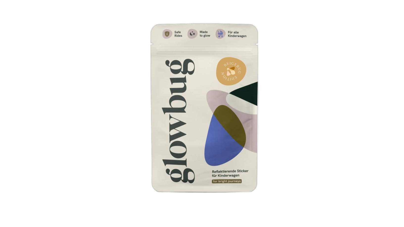 Recylebarer Flachbodenbeutel als Verpackung für reflektierenden Aufkleber für Kinderwagen in Vorderansicht