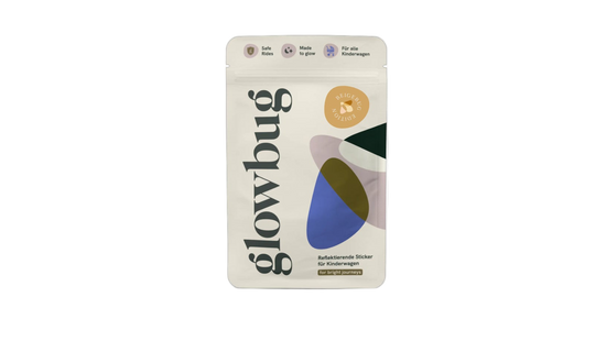 Recylebarer Flachbodenbeutel als Verpackung für reflektierenden Aufkleber für Kinderwagen in Vorderansicht