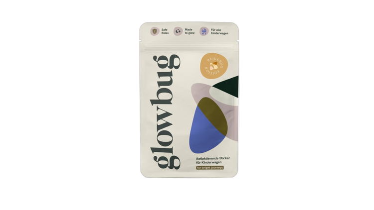 Recylebarer Flachbodenbeutel als Verpackung für reflektierenden Aufkleber für Kinderwagen in Vorderansicht