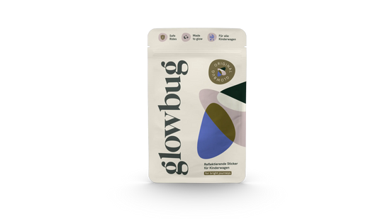 Recylebarer Flachbodenbeutel als Verpackung für reflektierenden Aufkleber für Kinderwagen in Vorderansicht